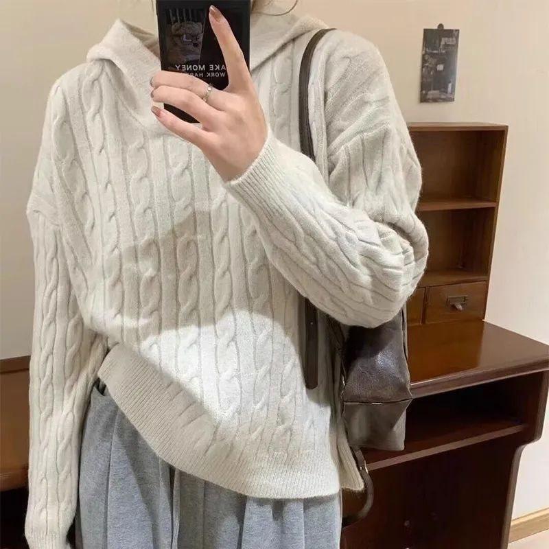 Women's Retro Korean-Style Cable Knit Hooded Sweater - Autumn/Winter Fashion