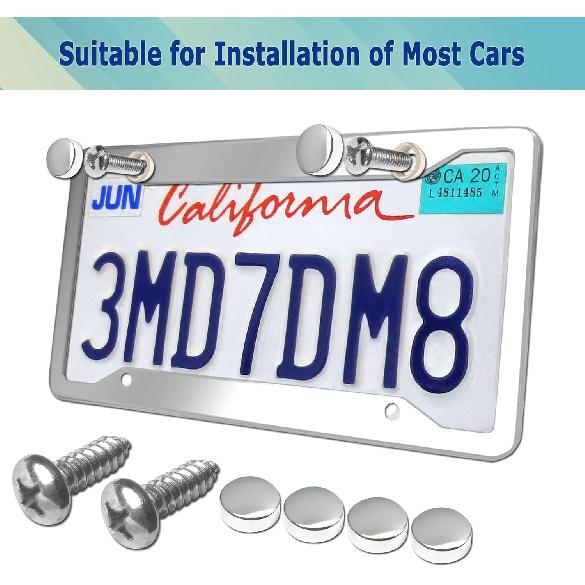 Stainless Steel License Plate Frames- 2 Pack Mirror Polished Car Plate Holder, With Screws, Chrome Caps, Heavy Duty Rustproof Metal Front Rear Car