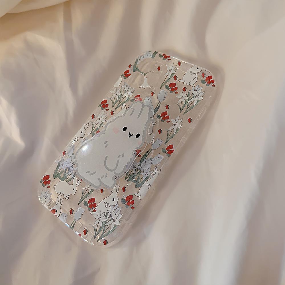 Korean-style floral rabbit design applicable iphone13Apple14Phone case11Cute girl15pro max Bracket16Transparent