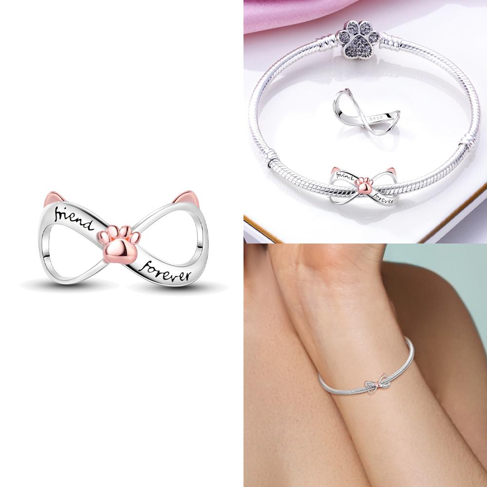 

925 Silver Pink Paw Cat Fixed Chain Pet Dogs Bead Fit Bracelet Jewelry Diy Accessory Women Fine Delicate Gift