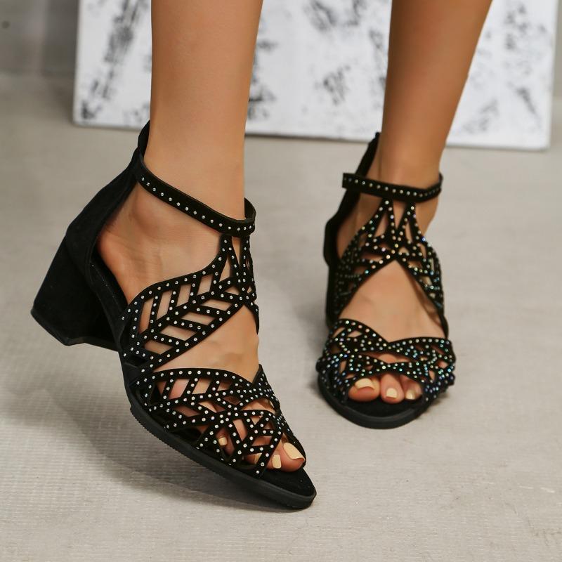 Hollow Out Thick Heel Sandály na vysokém podpatku Dámská zadní taška na zip na podpatku