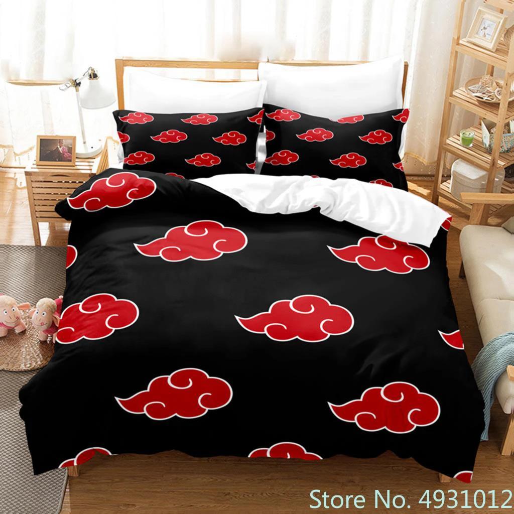 Anime Uchiha N-Naruto Uzumaki Red Cloud Bedding Sets Household Quilt Duvet Cover Itachi Home Textile Bed Suit Children Kids Gift