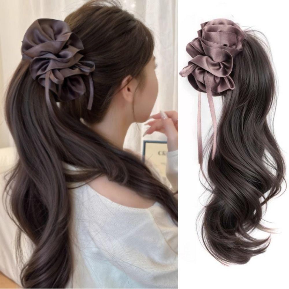Synthetic Ribbon Banana Clip Ponytail Pleated Bow Pony Tail Hair piece  for Women