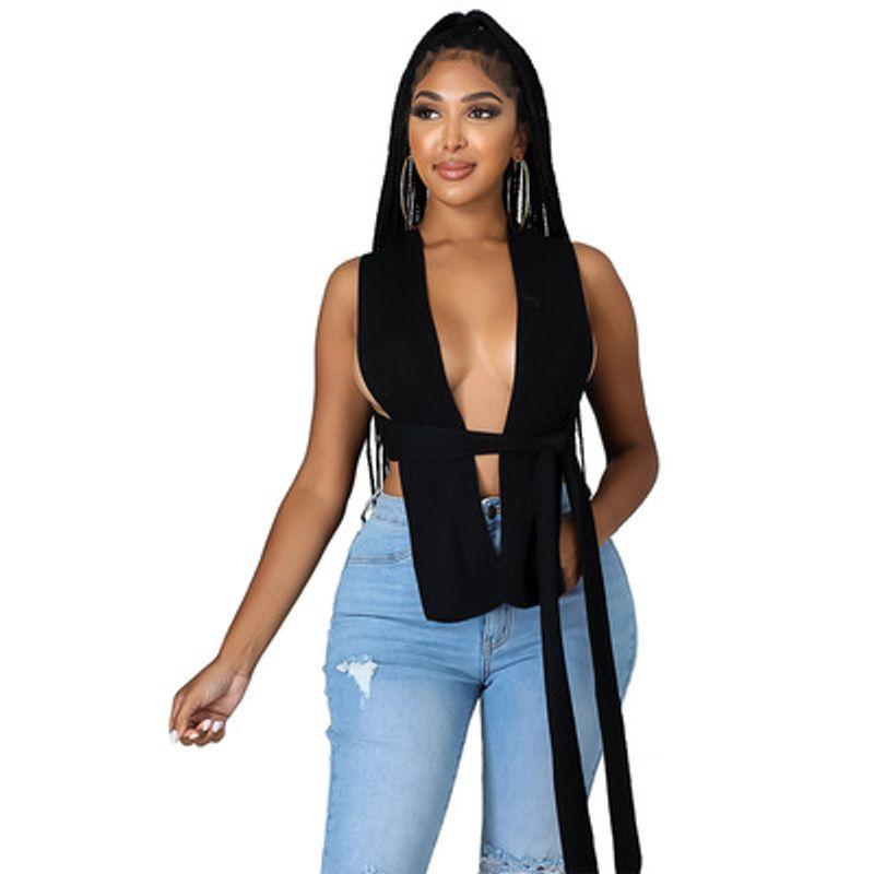 Solid Color Outerwear Thread Hollow-out Slim-Fit Short Top Hanging Neck