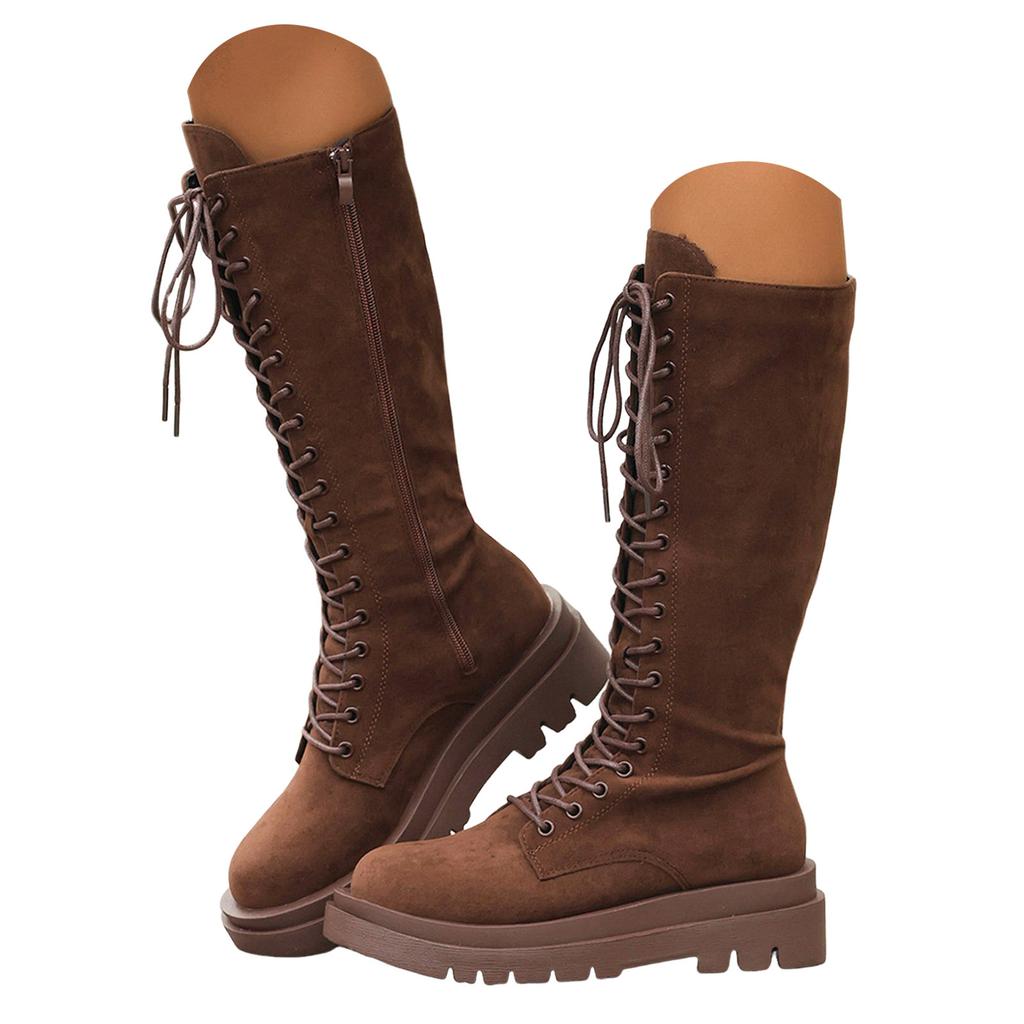 Women's Plus Size Round Toe Boots Solid Color Suede Square Heel Retro Lace Up Knee High Boots Tan Boots for Women Thigh High