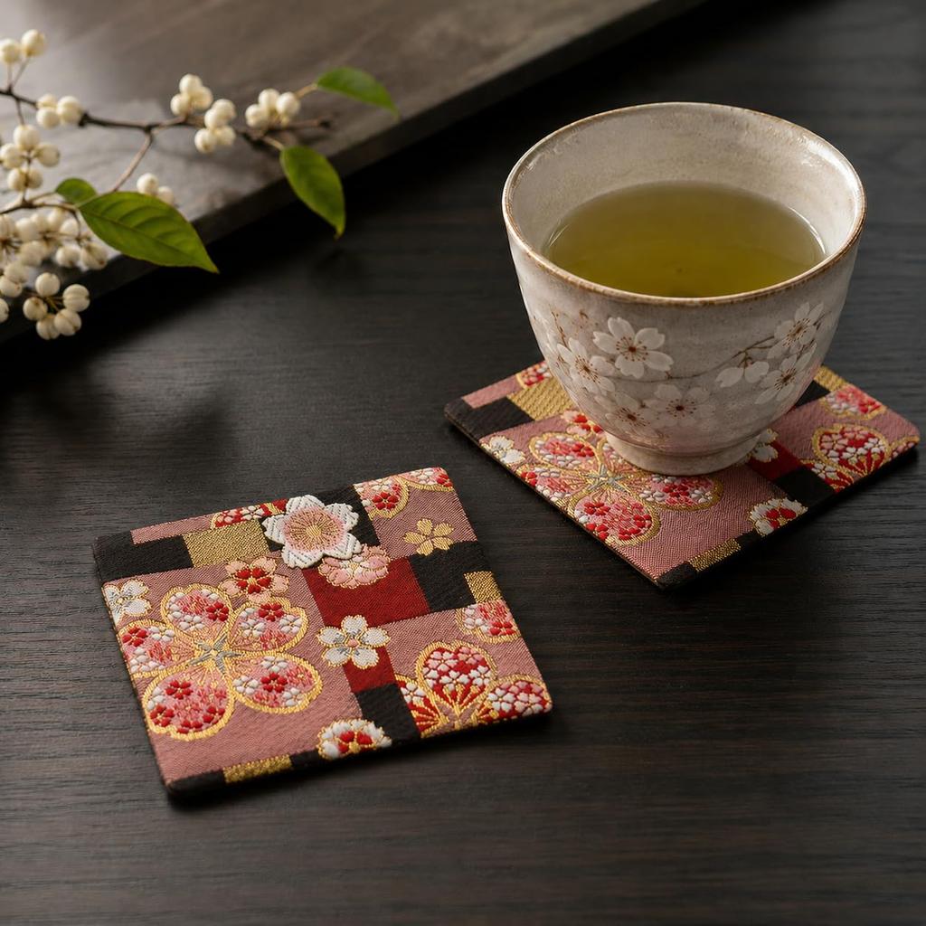 Shinsendo Gold Brocade Set of Gift Box English Made in Japanese Gift Coasters, 2, Included, Instructions, Japan, Kimono-style Design, (Benisakura)