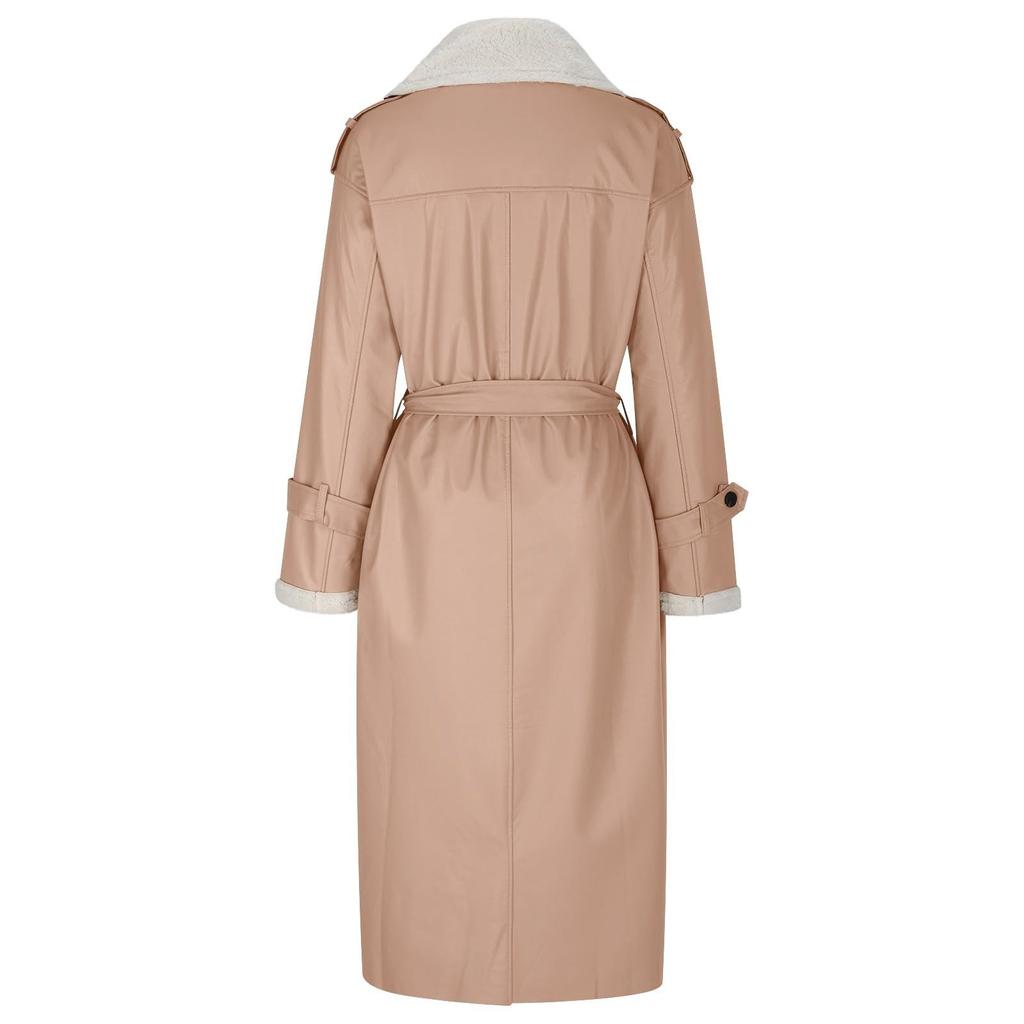 Chaqueta de mujer larga de color sólido de moda de color sólido de cuello alto con solapa abrigo de felpa de cuero compuesto