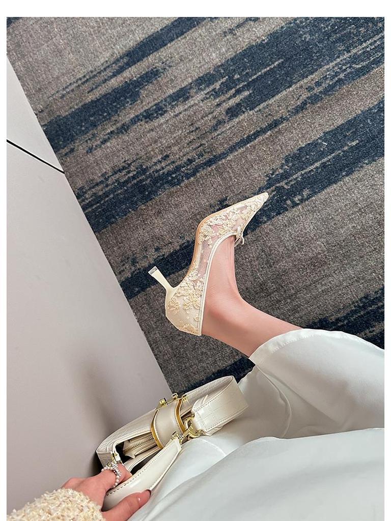 French Lace Pointed Toe Stilettos with Bow, Spring Bridal Collection