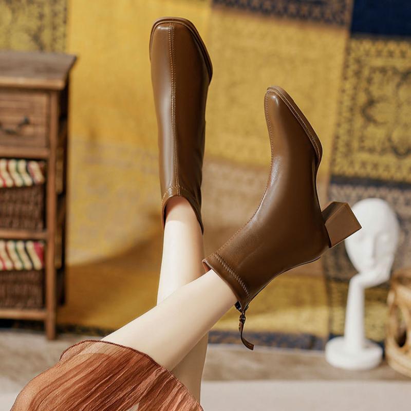 Ghete de damă franțuzești cu toc înalt, până la gleznă, cu toc gros, cizme de modă, piele moale, cizme simple de primăvară și toamnă, cizme cu vârf pătrat