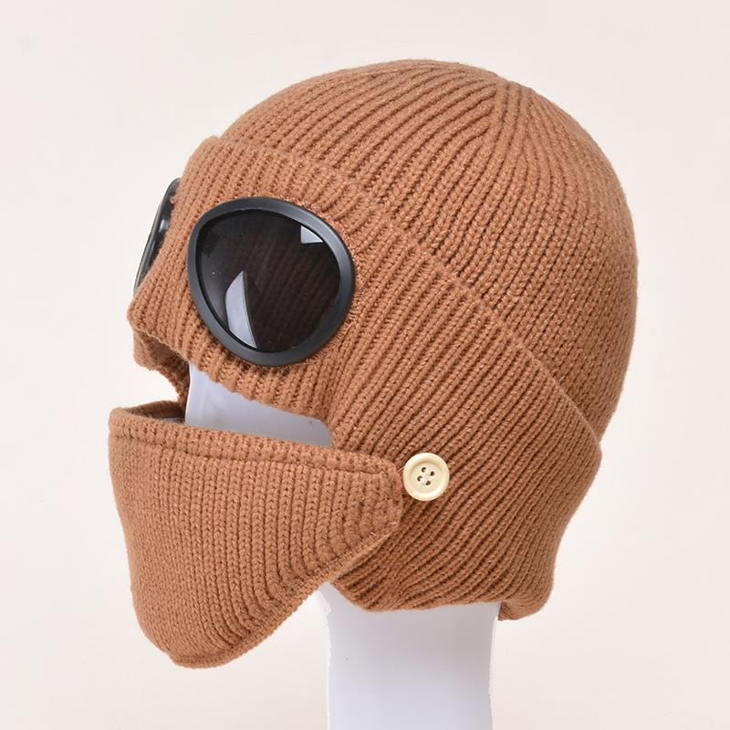 

New 1 Pcs Autumn And Winter New Pilot Glasses Ear Protection Hat With Velvet Warm Wool Hat Women s Korean Knitted Hat Mask коричневый