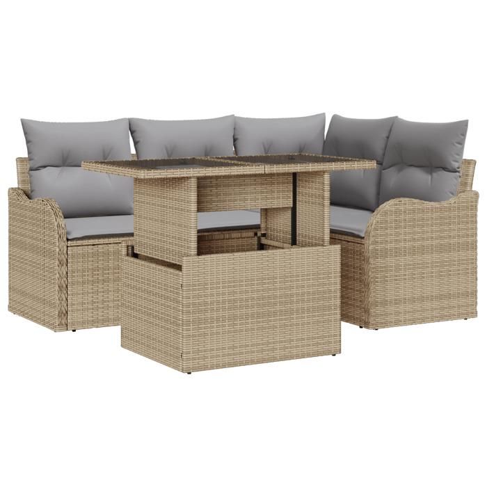 Ensemble de canapés de jardin de 5 pièces avec coussins en poly rotin beige, Canapé de jardin 2 places avec coussins en poly 3348456