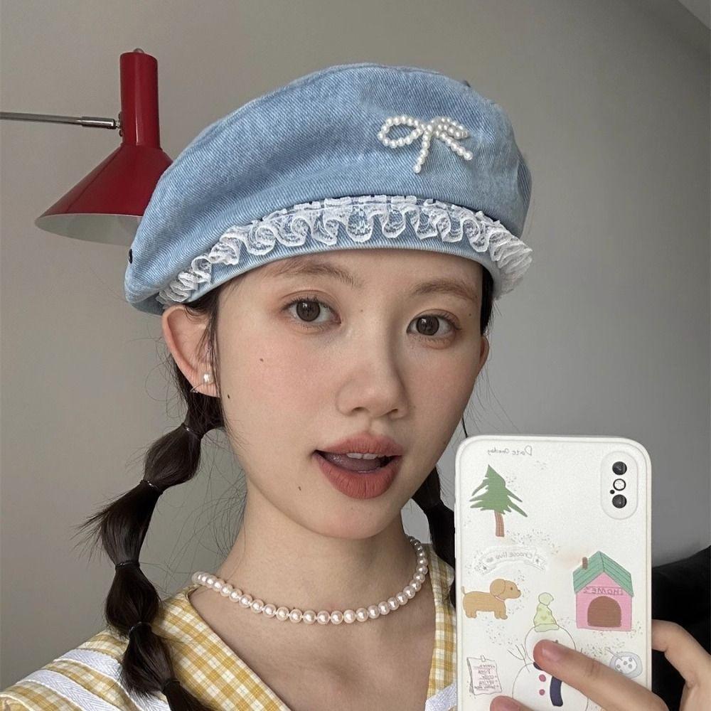 

Lace Cowboy Beret Cap Y2K Painter Hat Japanese Denim Octagonal Hat Women темно-синий