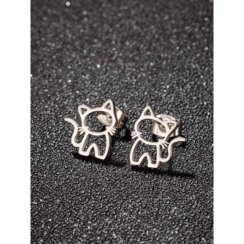 1 Pair Cute Cat Stainless Steel Stud Earrings for Mens Womens Punk Students Gifts Trend Fashion Small Ear Studs Jewelry