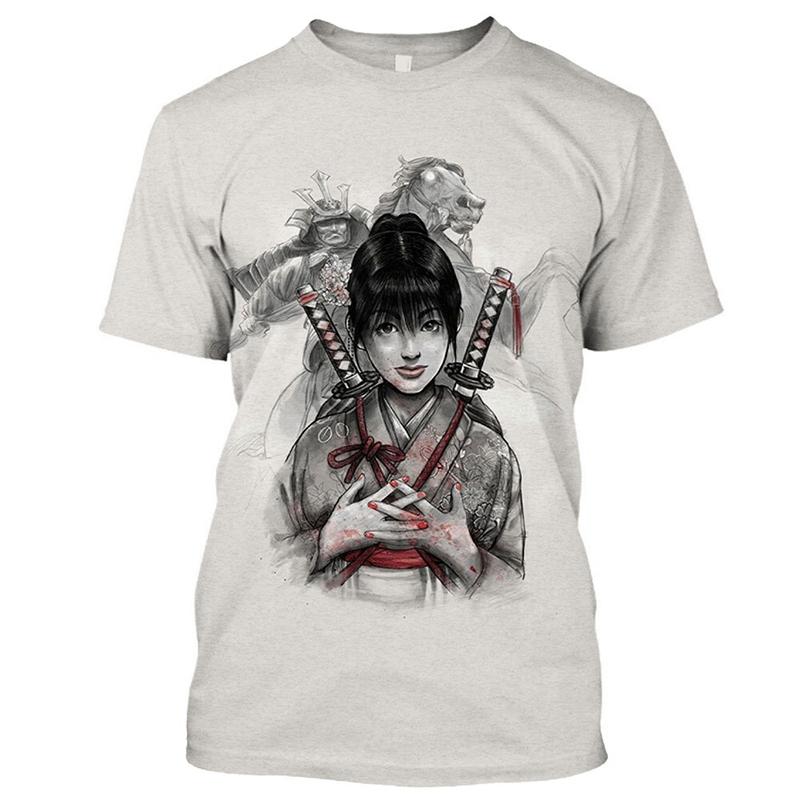 T-shirt Geisha Guerriera Giapponese Girocollo Manica Corta Stampa 3D Personalità Vintage Tendenza Stile Harajuku T-shirt da Uomo