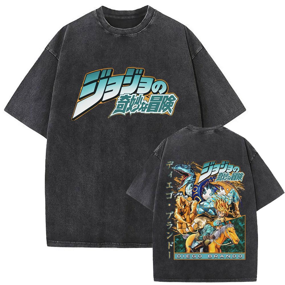 Washed Vintage Anime Jojo Bizarre Adventure Joseph Joestar Caesar Anthonio Zeppeli Print Tshirt Men Fashion Cartoon T Shirt Top