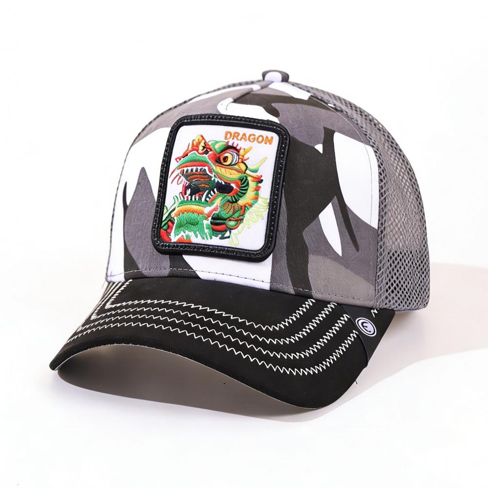 

1PC Mesh Trucker Hat, Breathable, Embroidered Chinese Dragon Lion Patch, Distressed Retro Streetwear for Men Women чорний