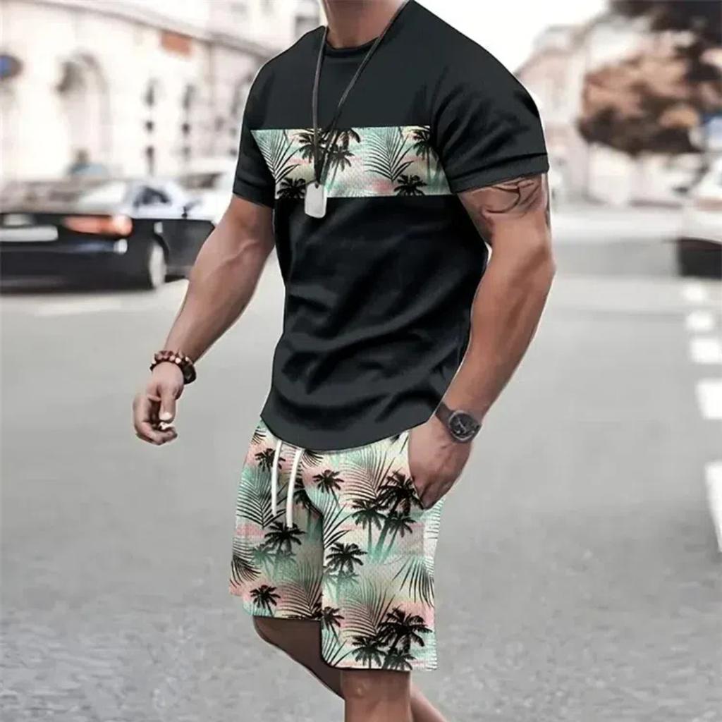 Letný módny set trička a šortiek Vysoký temperament Street Pánsky Pánsky 3D Krátky rukáv Voľný top Gradientný štýl s potlačou kokosu