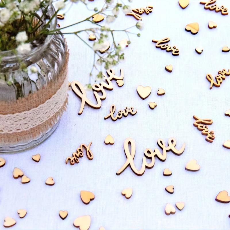 120pcs Natural Wood Love Confetti & Mini Hearts - Rustic Wedding Table Scatter Decor, Boho Bride Shower Party Supplies, DIY Card