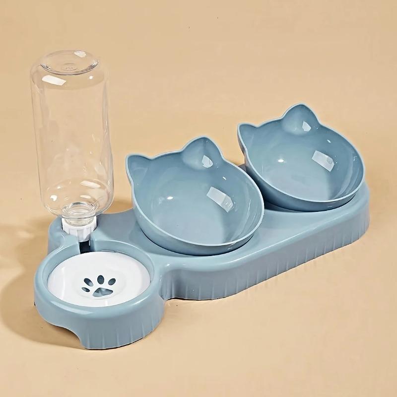 Pet Bowls with Water Feeder 3 in 1 Ear Design Tilted Cat Water and Food Bowl Set with Gravity Water Bottle for Neck Protection