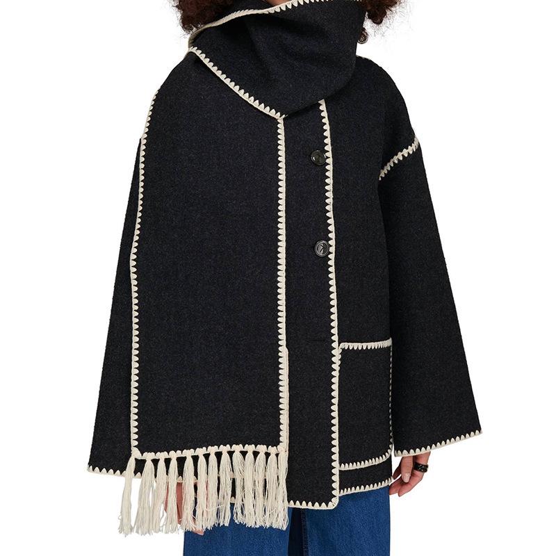 2023 Autumn/Winter Women's Wool Coat with Scarf & Tassels - European & American Style, Thick & Loose.