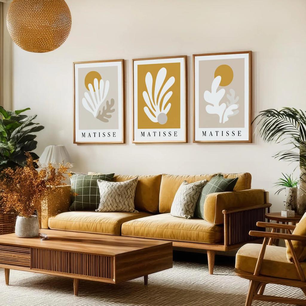 Matisse Wall Art Prints, Set of 3 Mid Century Modern Posters In Beige & Mustard Yellow, Botanical Prints, Living Room Art