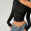 Spot European and American style autumn new women's clothing black slanted shoulder long-sleeved top sprinkled silver slim T-shirt solid color whole