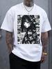 Casual Crew Neck Short Sleeve T-shirt with Anime-Style Print - Black & White Design