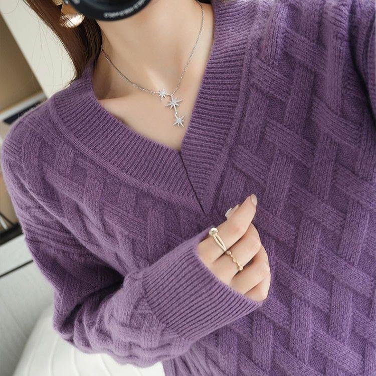 V-neck Sweater Women's Autumn and Winter Sweater Long-sleeved Pullover Loose Solid Color Jacquard Knitted Sweater Top