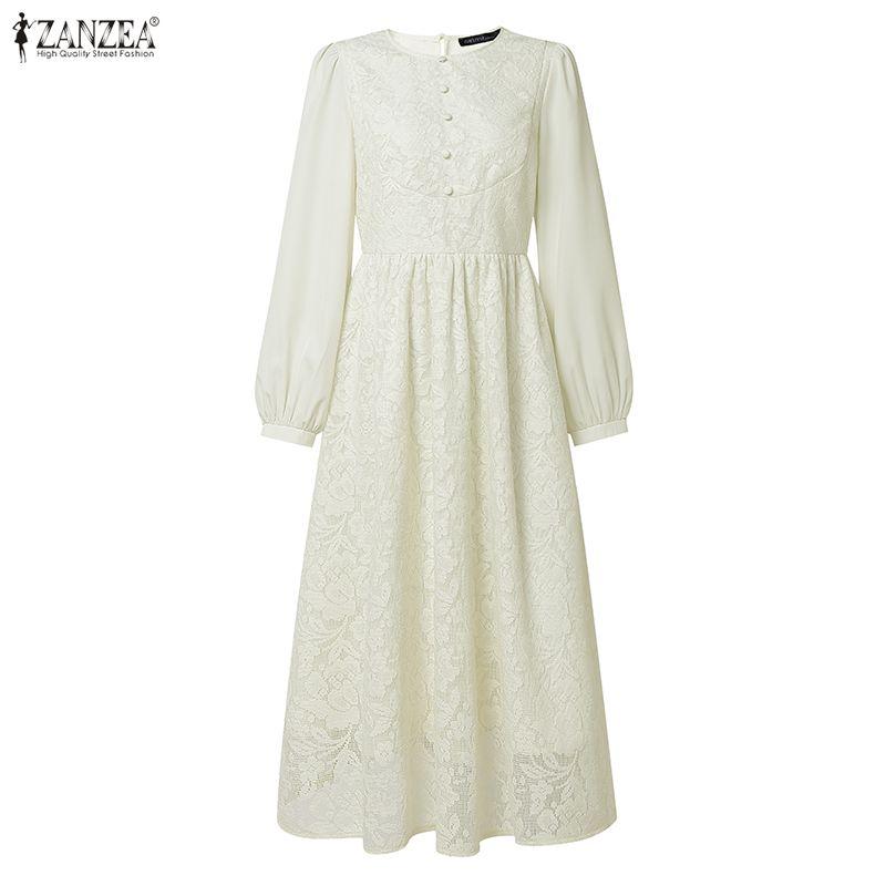 ZANZEA Women Elegant Round Neck Long Sleeve Lace Patchwork Casual Dress
