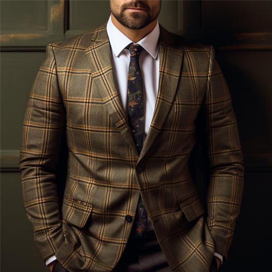 Men Suit Coat Formal Business Style Slim Fit Plaid Print Long Sleeve Single Button Closure Mid Length Straight Cardigan Work Office Coat