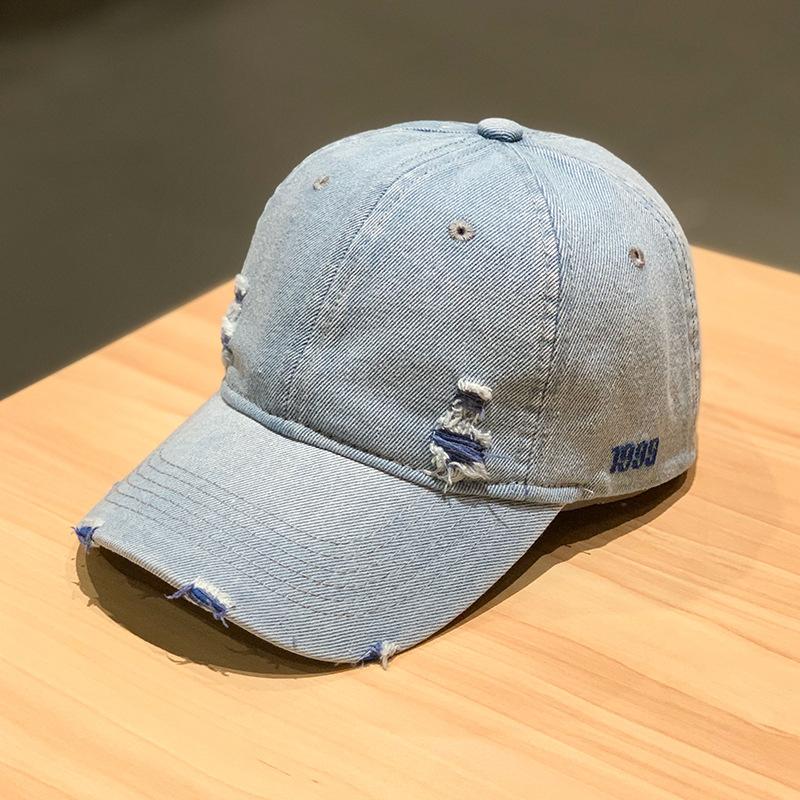 Verstellbare ausgefranste Denim-Baseballkappe Sonnenschutz Unisex Retro Schirmmütze Baumwolle Bestickt Used-Look Blau Casquette