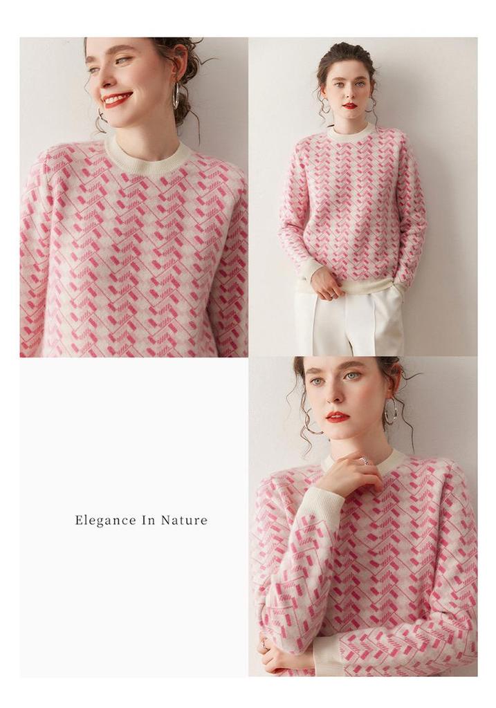2025 Autumn/Winter Women's Soft Warm Cashmere Sweater – Color Block Round Neck Knit with Long Sleeves