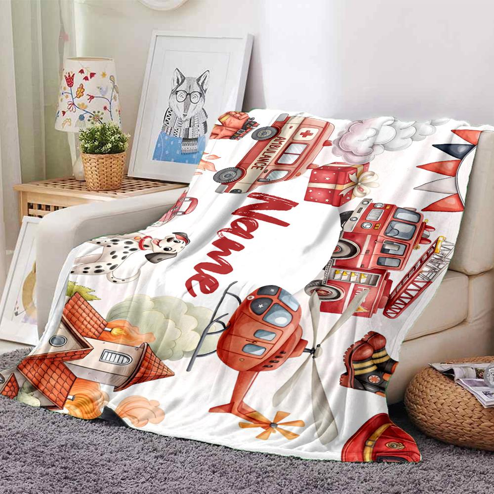 Custom Name fire truck Theme Printed Blanket - Perfect for Couch, Bed, Travel & Outdoor Use | Machine Washable, Cozy & Durable.