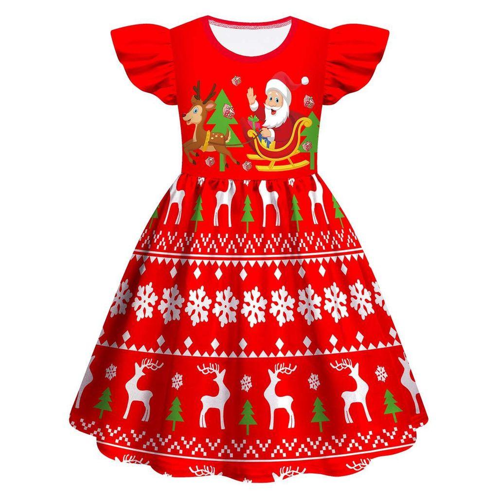 Kids Girls Cartoon Santa Claus Christmas Tree Elk Print Ruffle Sleevess New Year Dress