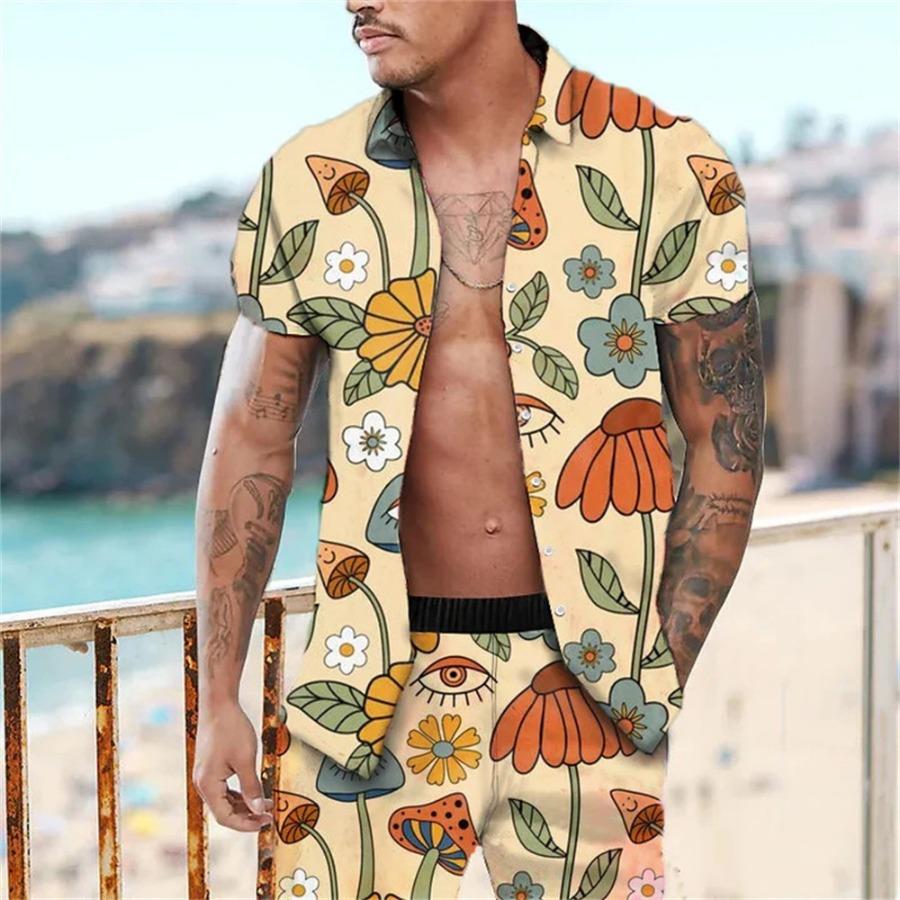 Floral Print Hawaiian Shirt Set 3D Print Casual Short Sleeve Beach Shorts Shirt Holiday Set
