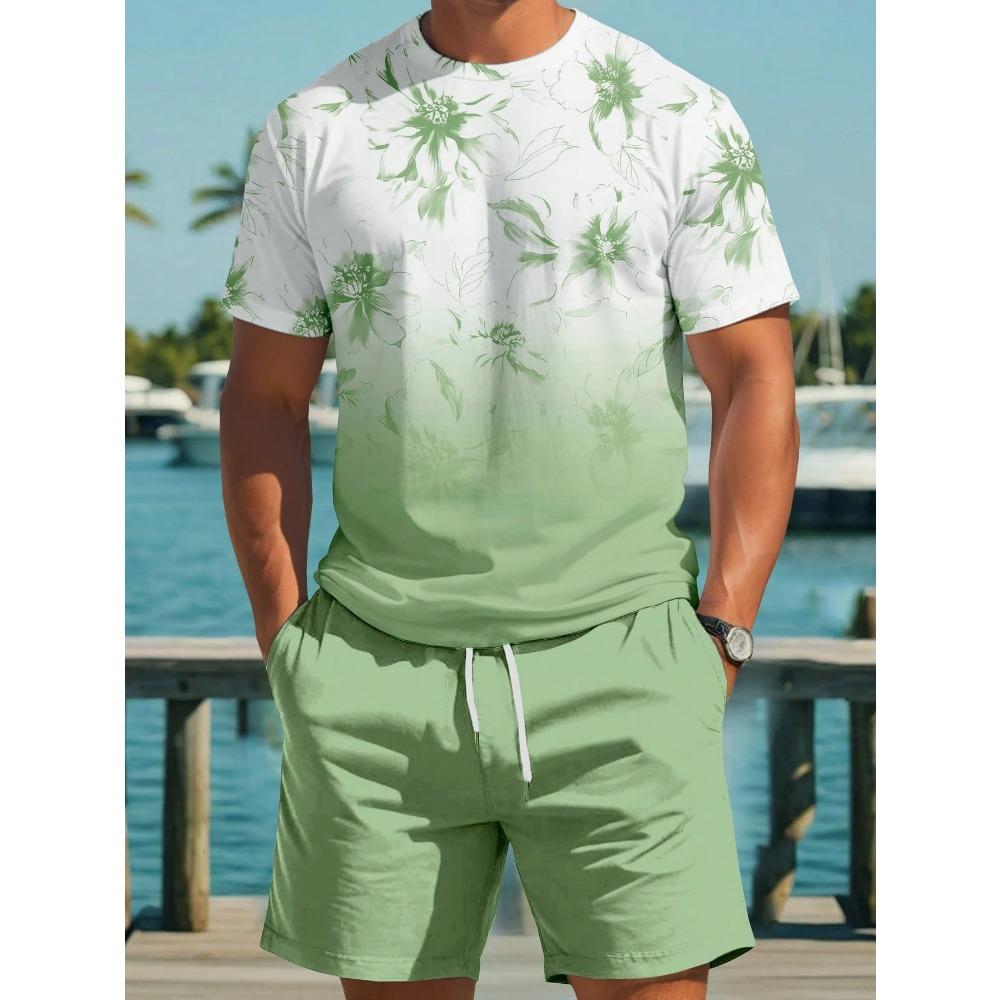 Summer Men Tropical Floral Print Round Neck Short Sleeve Casual T-Shirt And Shorts Set Beach Outfit Men Beach Tops Shorts Suit