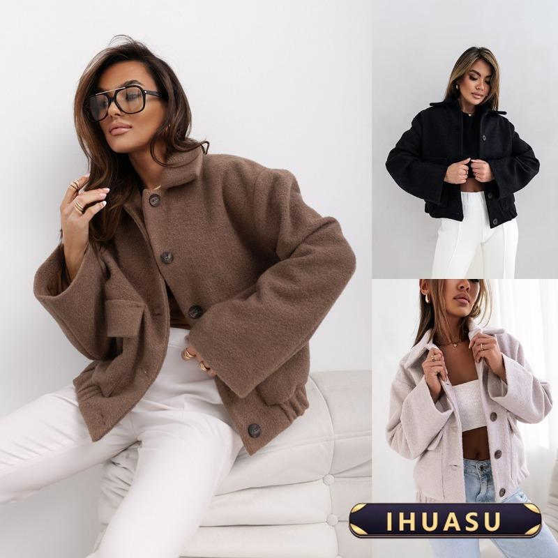 IHUASU Dámské Vintage Ležérní Jednobarevné Tištěné Podzimní Zimní Dlouhý Rukáv POLO Límec Bundy & Kabáty Elegantní