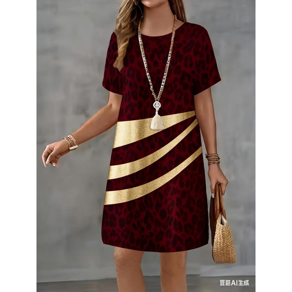 Short-sleeved fashionable yellow leopard print 3D printed women's round-neck loose mini dress for casual wear