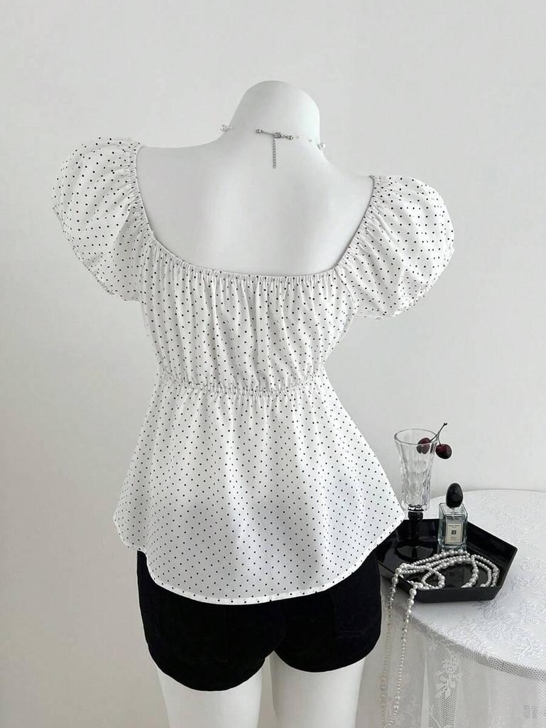 Summer 2026 Women's Polka Dot Puff Sleeve French Square Neck Slim Waist Top