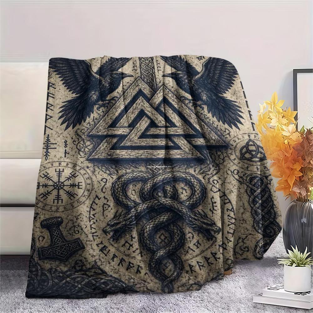 Nordische Rune Rabe Schlange Vintage Druck Flanell Überwurfdecke, Weiche Warme Sofa Bettdecke, Mythologie Heimdeko Decke
