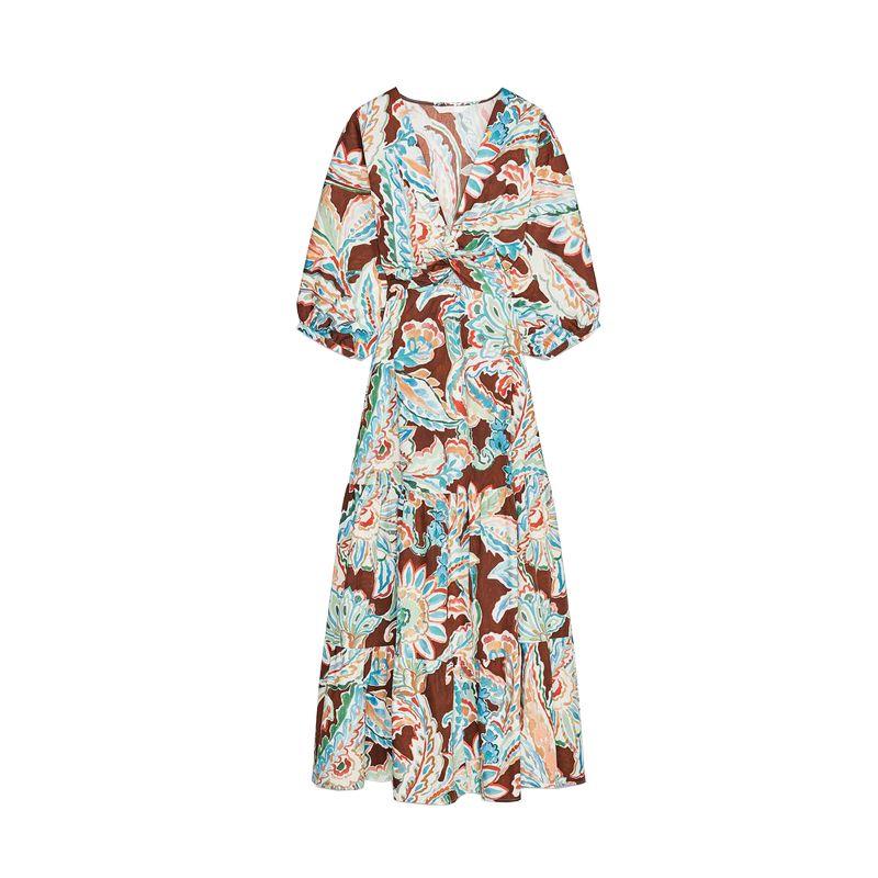 

Spring New Women s Clothing French Style V-neck Long Sleeves Retro Print Poplin Bow Tie Long Dress 2584185 Brown L