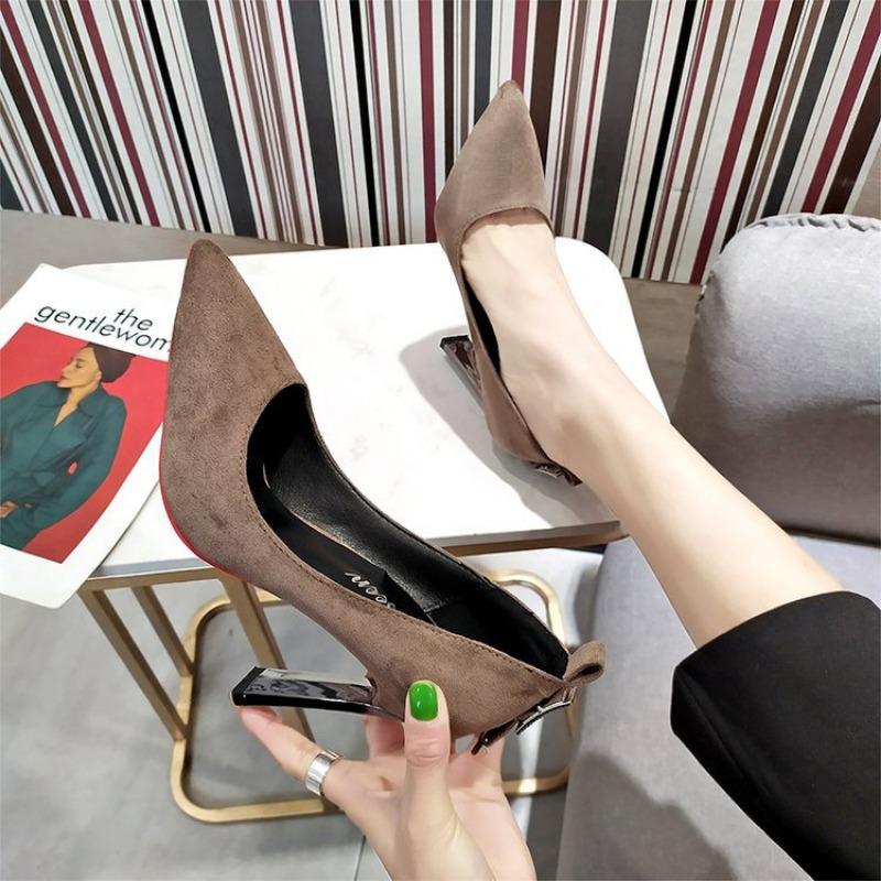 

Весенние новые туфли-лодочки с острым носком из замши, женские туфли на тонком толстом каблуке, туфли на высоком каблуке, женская обувь 39 серый