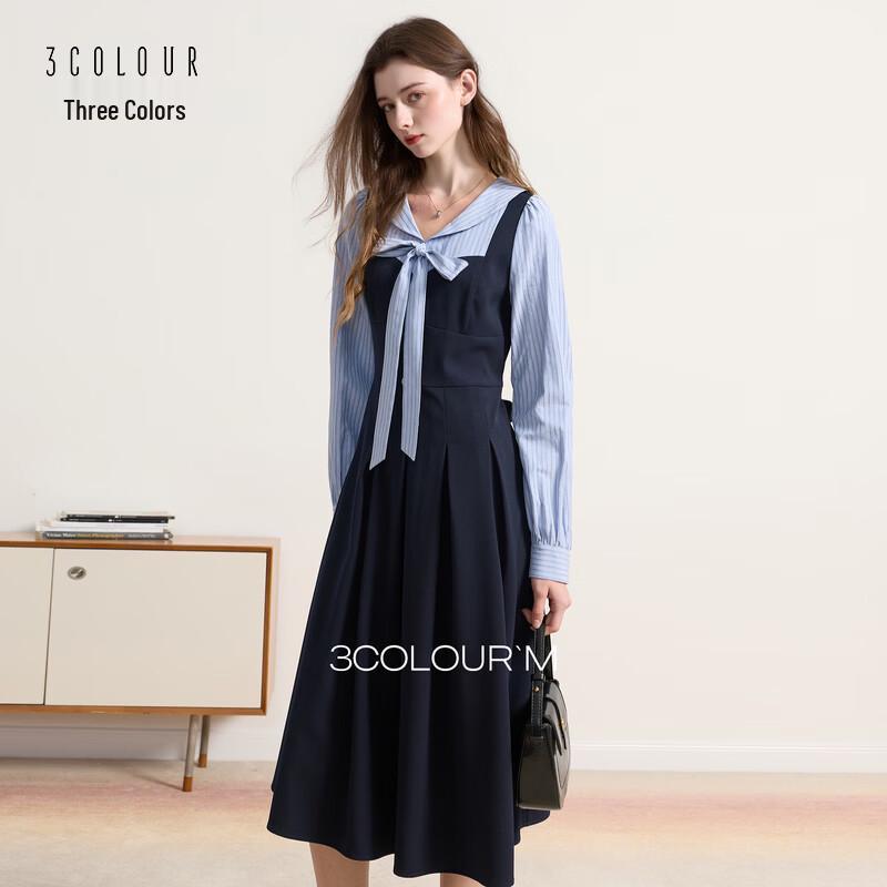 Sancai Striped Faux Two-Piece A-Line Long Sleeve Belted Dress M