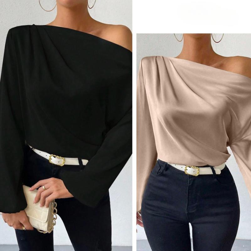 Móda Nové Asymetrické Volné Svetry a Topy s Dlouhým Rukávem Dámské Elegantní Šikmý Límec Sexy Jednobarevné Ležérní Halenky Dámské Plisované Vintage Košile 26396