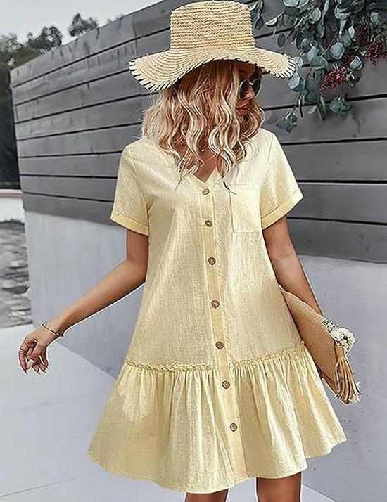 Women's Summer 2025 Casual Ruffle Hem Pocket Dress with Short Sleeves