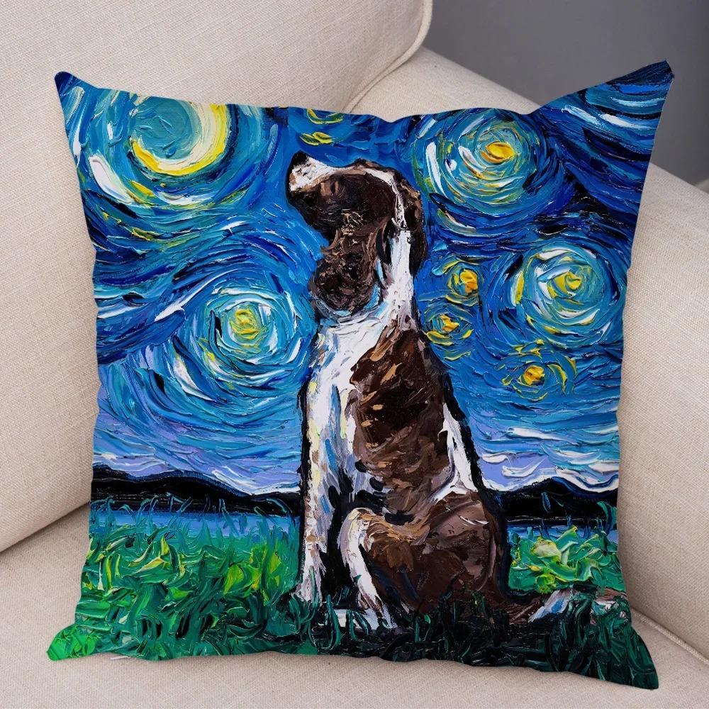 Colorful Oil Painting Pet Animal Pillowcase Starry Sky Art Cartoon Dog Cushion Cover Decorative Sofa