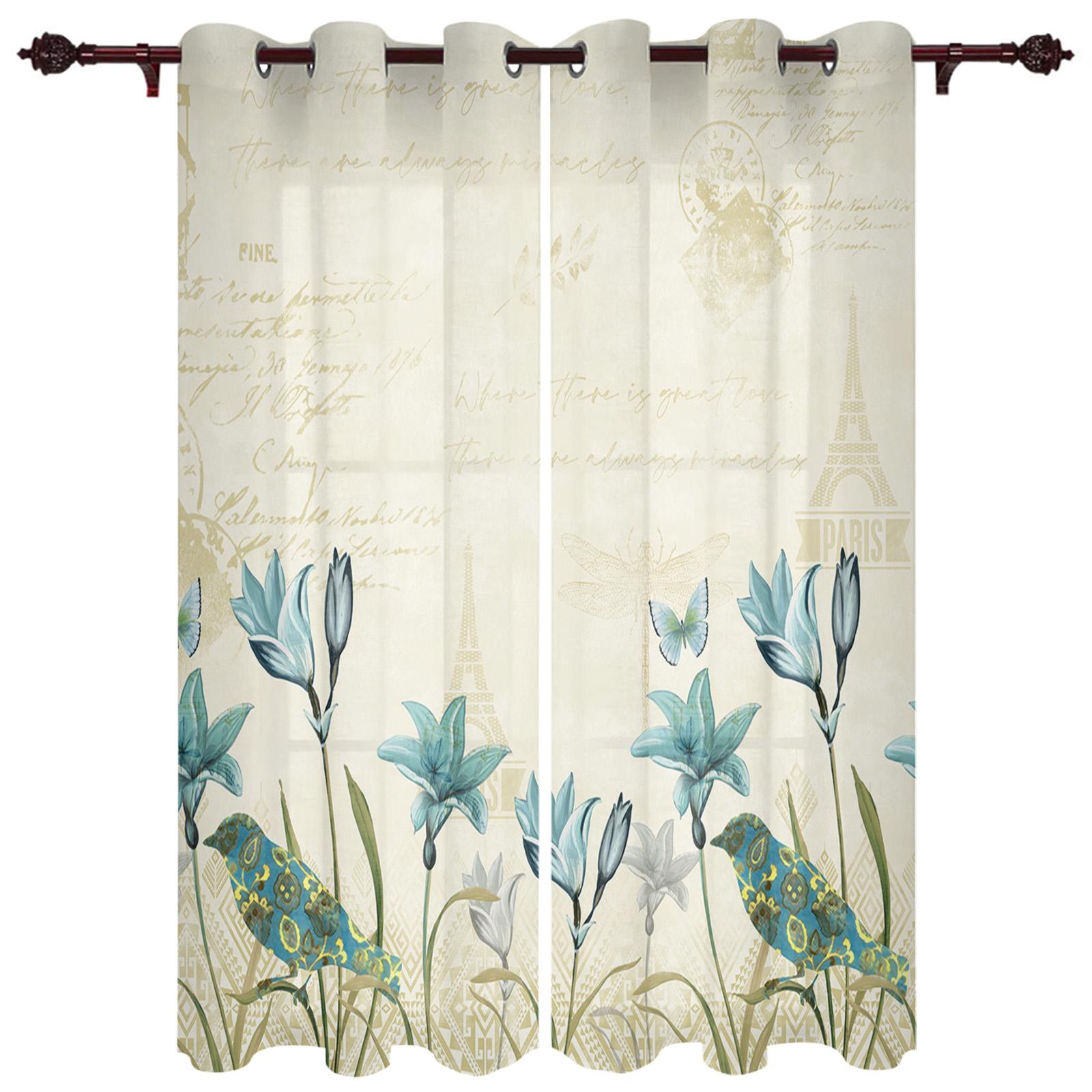 Винтажная занавеска на окно с цветком тюльпана и бабочкой — фото 10