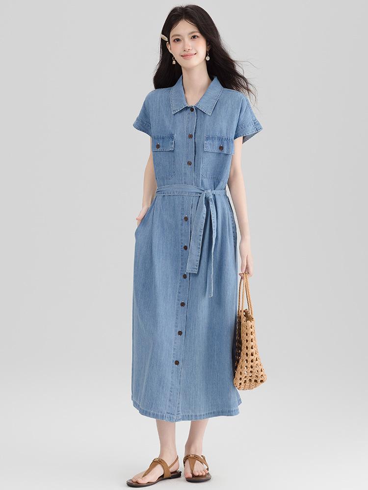 

Ретро темпераментный джинсовый сарафан с поясом женский летний красивый с коротким рукавом L