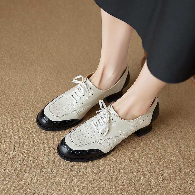 Fashion New Genuine Leather Women High Heel Shoes Lace Up Classic Round Toe Mid Heels Shoes Casual Loafers Office Lady Dress Size 34-40