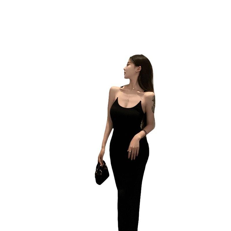 Black Spice Girl Sexy Hip Wrap Suspender Dress Rose Red French Temperament Slim Tight Skinny Waist Long Dress Female Summer